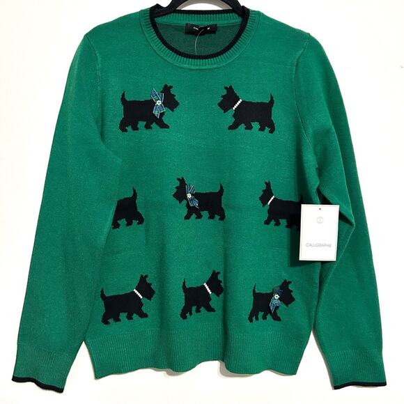 Anthropologie Calligraphie Scottie Dog Novelty Sweater Christmas Green NWT sz L - Picture 1 of 9